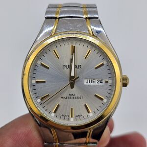 Pulsar Men's Watch 37MM Gray Dial Day Date Two Tone Stretch Band 6" New‎ Battery